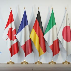 G7 summit or meeting concept. Row from flags of members of G7 group of seven and list of countries,