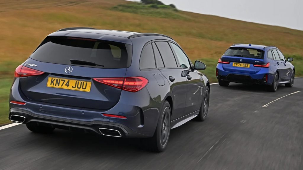 BMW 330e vs Mercedes C 300 e twin test rear cornering u6ejwm 11zon